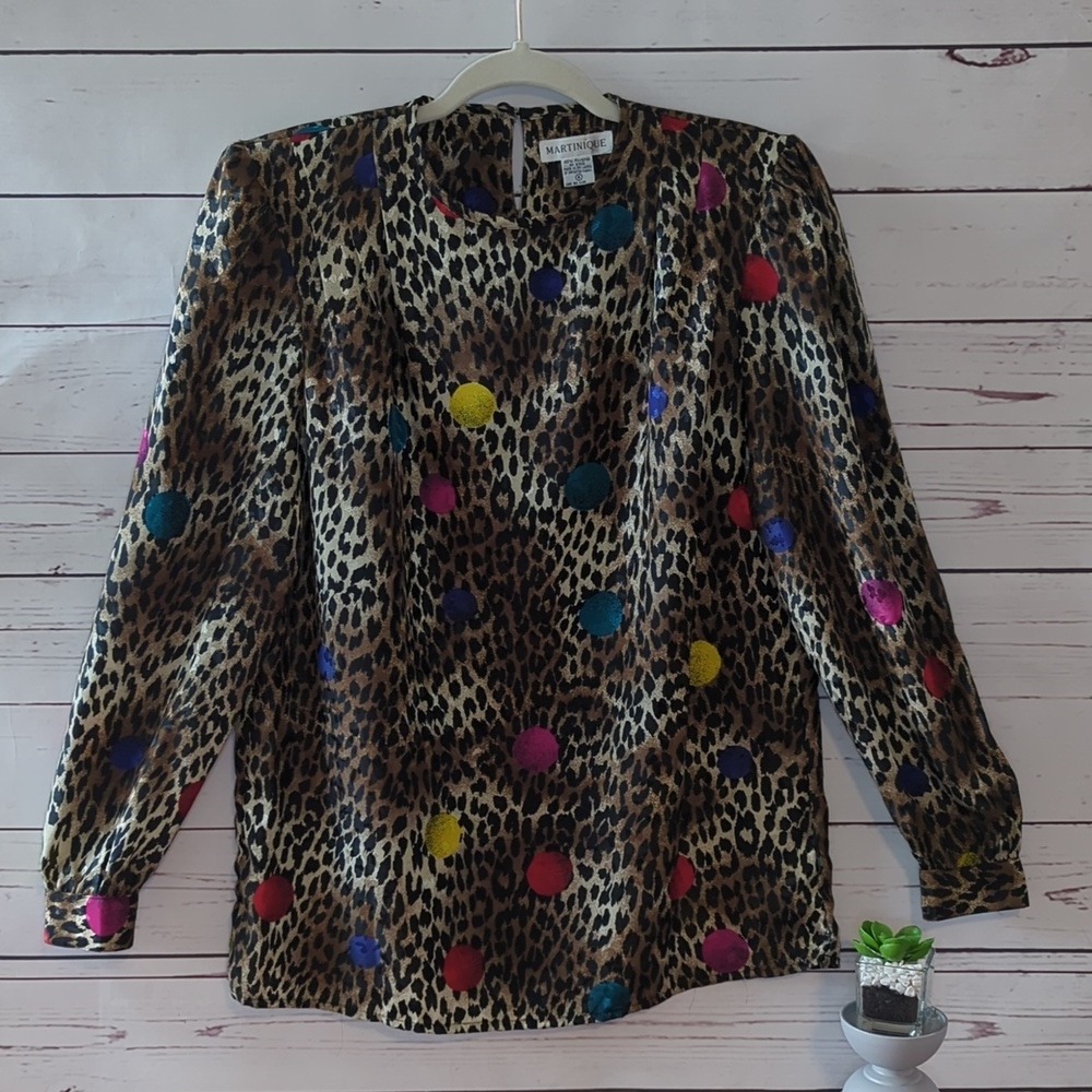 Vintage 80's Blouse Women's Leopard Print Colorful Dots Wearable Art to Wear 6